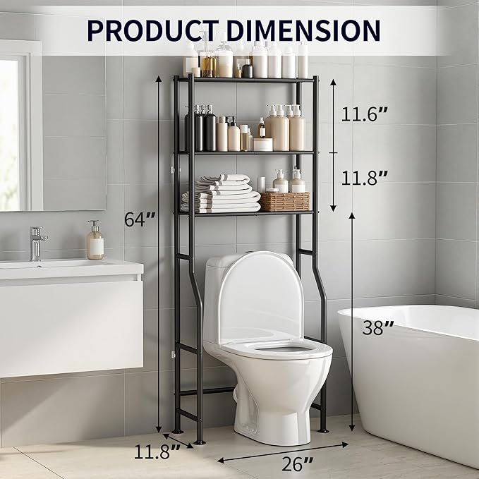 3-Tier Over The Toilet Storage, Freestanding Metal Bathroom Shelves, Space Saver Above The Over Toilet Storage Shelf for Bathroom (Black)
