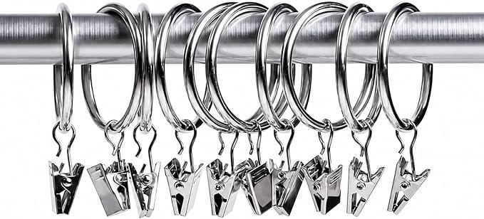 Lansian 44 Pack Curtain Rings with Clips Hooks 1 in Diameter Rustproof | Metal Stainless Steel Drapery Rings for Tension Rod Bracket Eyelets Decorative Hanger, Fits 3/4 in Rods, Shiny Silver