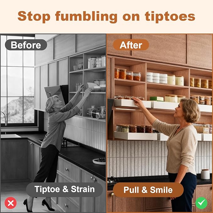 Fokyfok Pull out Cabinet Organizer,11"-18"W，10"-13"D,Expandable,Adhesive | No Drill,Upper Cabinet,Adjustable Slide out Drawers for Pantry,Roll out Shelves Short,Framless Cabinets,Kitchen,White,1PC