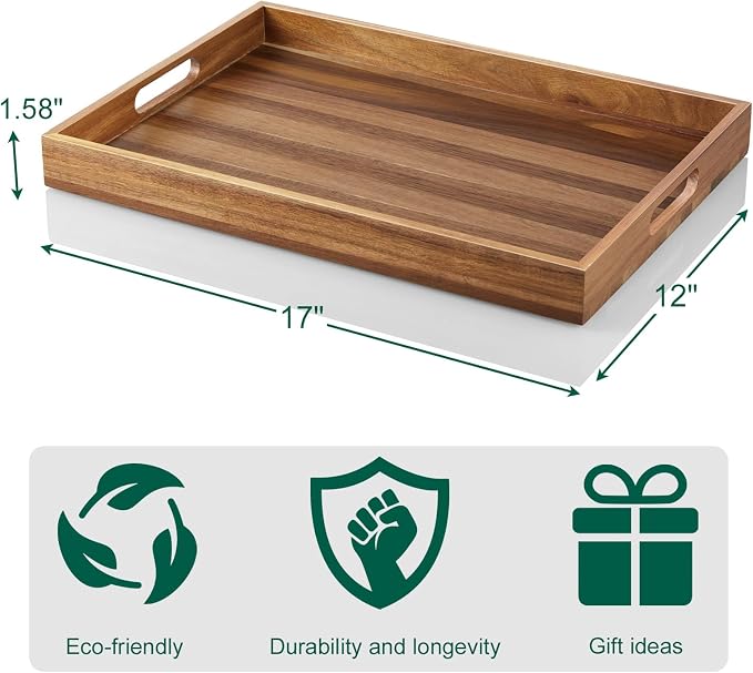 17 Inch Acacia Wood Serving Tray with Handles - Large Wooden Tray for Ottoman, Breakfast in Bed, Dinner, Coffee Table - Decorative Rectangular Tray for Living Room Bedroom Entryway and Kitchen