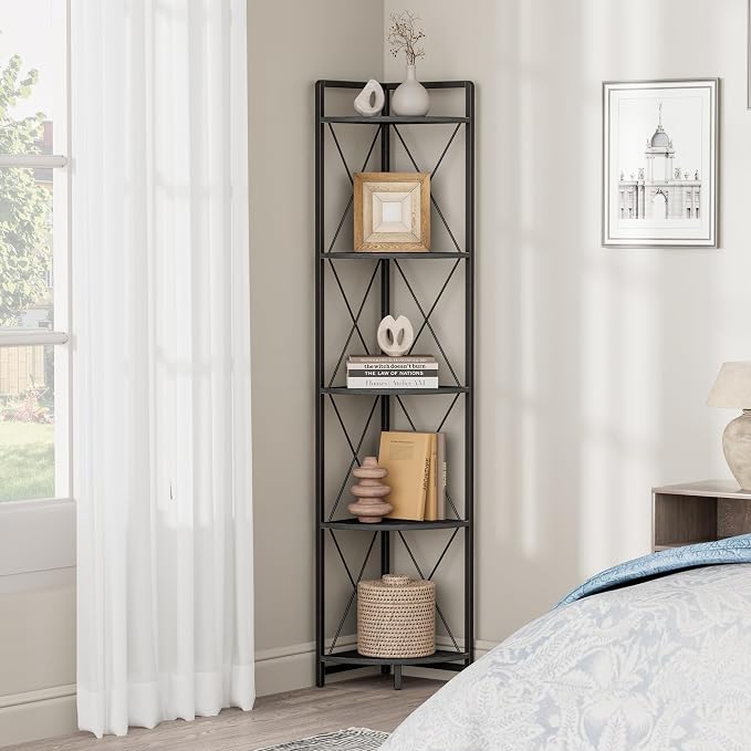 5 Tier Corner Shelf Stand, 64" H Tall Corner Bookshelf, Black | Industrial Metal Corner Shelf for Living Room Decor, Plant Stand Display Shelf for Bedroom, Bathroom, Small Spaces