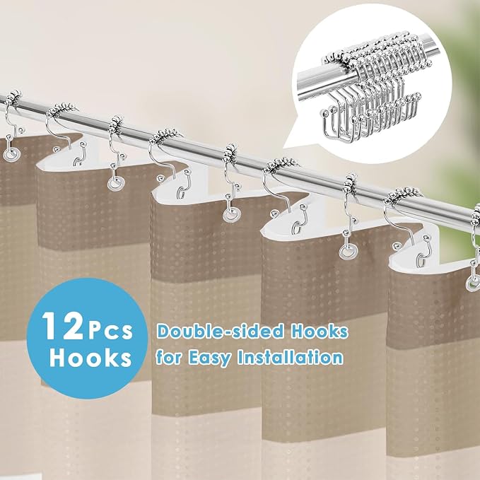 3 in 1 Shower Curtain and Liner,72 x 72 inch, Ombre Striped | Modern Beige Shower Curtain and PEVA Liner Set with 12 Rust-Resistant Metal Hooks, Waterproof Fabric Curtains for Bathroom