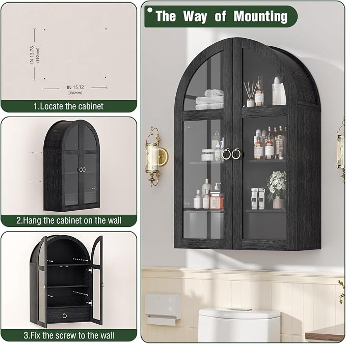 Arched Wall Cabinet with Tempered Glass Doors, 23.5×31.4 Inch Hanging Storage Cabinet with Adjustable Shelf, Glass Display Cabinet for Bathroom, Kitchen, Living Room, Black