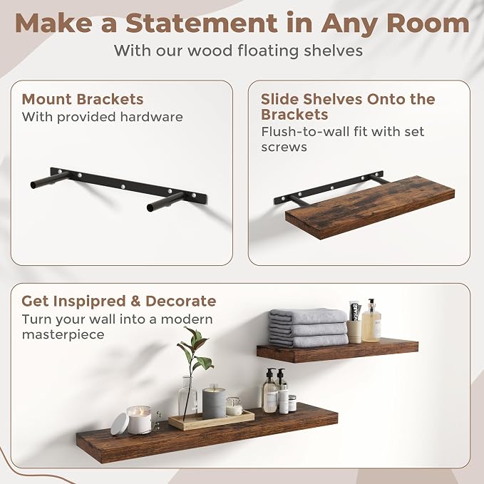 24 Inch Floating Shelves for Wall 2 Pack, 8"D Wood Grain Bathroom Shelves | Invisible Brackets, Rustic Brown Finish, Easy Install | Engineered Wood Storage Shelves for Kitchen, Living Room