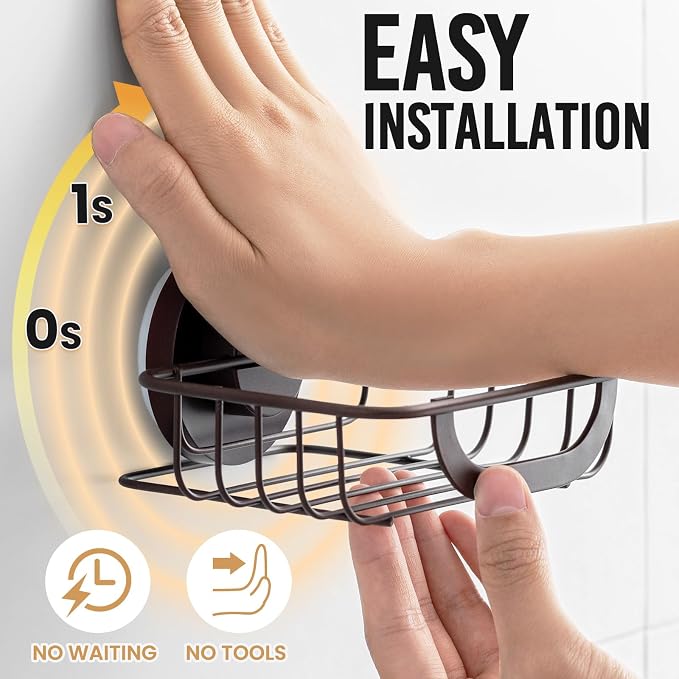 Bar Soap Holder with Hooks, Suction Cup Soap Dish Stainless Steel | Soap Holder Shower Wall Mounted, Soap and Razor Holder for Shower, Rustproof for Bathroom, Sponge Holder Saver, Brown