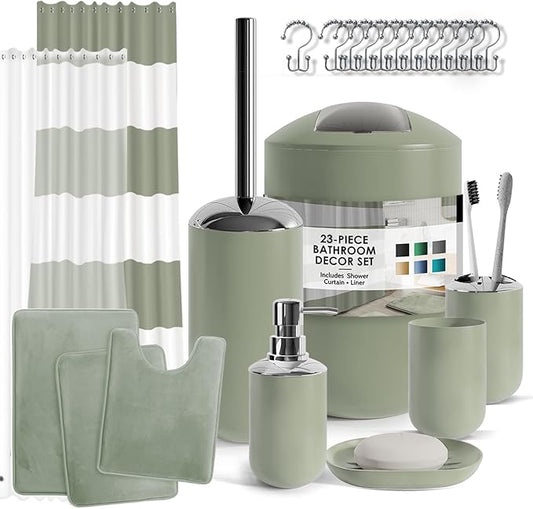 Clara Clark Bathroom Set - Sage Green Bathroom Accessories Set, Bathroom Sets with Shower Curtain and Rugs, 23PC Shower Curtain Set with Liner, Soap Dispenser, Soap Dish, and Toilet Brush Holder