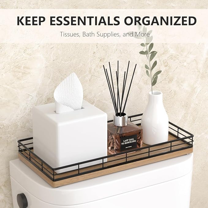 Toilet Paper Basket Organizer, Acacia Wood Toilet Tank Tray, Metal Frame | Bathroom Counter Top Storage for Toilet Paper, Wipes & Decor, Modern Narrow Back of Tank Shelf Organizer, Black & Acacia