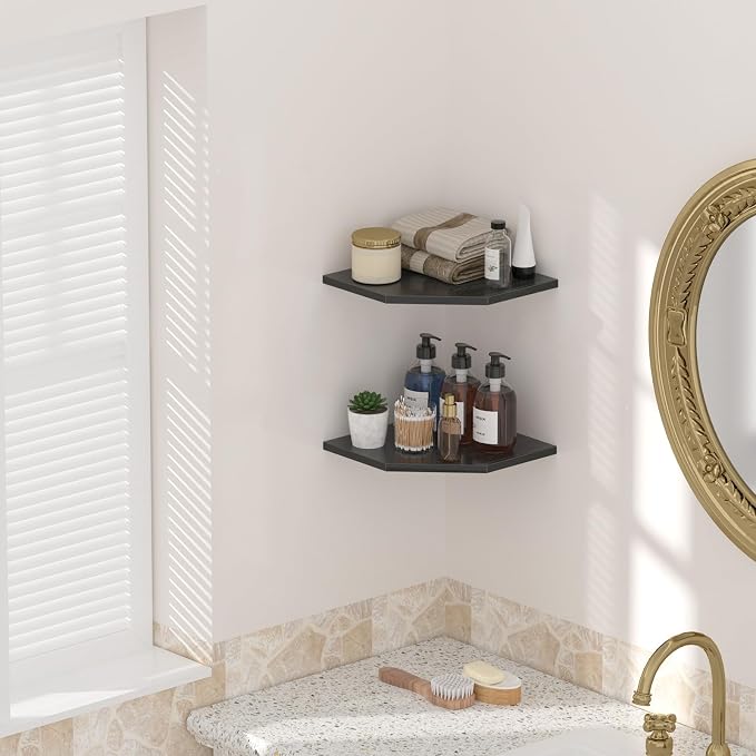 JJL Corner Wall Shelf, Set of 2 Floating Corner Shelf for Wall Storage,Easy-to-Assemble,Wall Mount Corner Shelves for Teen Boy Room Decor,Minimalist Decor(14.76in Black)