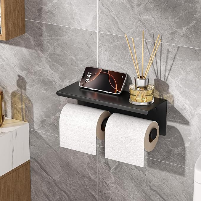 FORIOUS Toilet Paper Holder with Shelf, Commercial Toilet Paper Dispensers | Matte Black | Wall Mount Bathroom Tissue Holder | SUS304 Stainless Steel Rustproof | Double Tissue Roll Holder