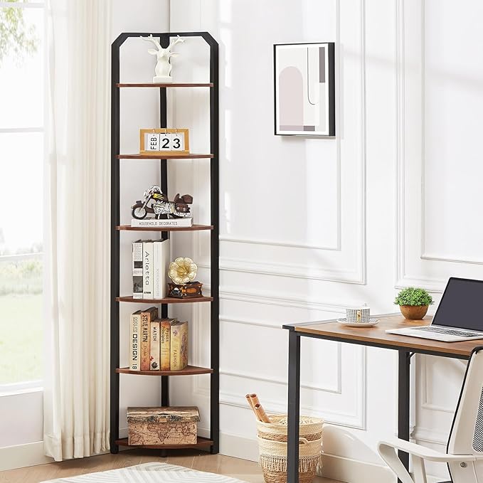 MNEETRUNG 6 Tier Corner Shelf,71" Narrow Corner Bookshelf for Living Room,Bedroom,Brown
