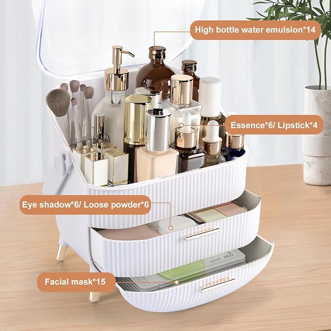 Makeup Organizer, Large Skincare Organizer for Vanity with Drawers & Cover | Makeup Storage Box, Large Capacity Cosmetic Display Cases Makeup Storage Box for Bedroom, Bathroom, Gifts for Women(White)