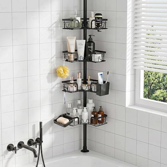 4-Tier Corner Shower Caddy Tension Pole, Floor to Ceiling Shower Corner Shelf Organizer with Soap Hold No-Drill 23.6-114.5 Inch