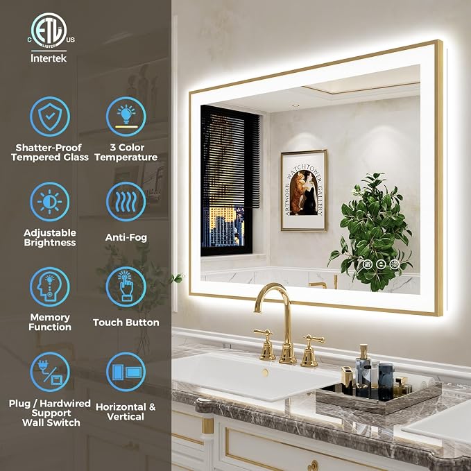24x36 LED Bathroom Mirror with Lights, Gold Framed Lighted Mirror | Backlit and Front light, Anti-Fog, 3 Color Dimmable, Memory, Tempered Glass, IP54 Waterproof, UL Listed