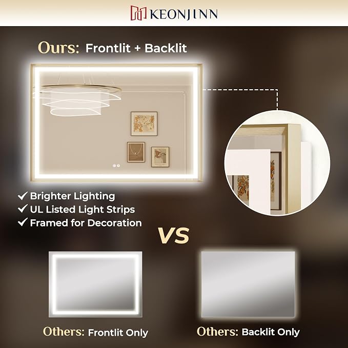 Keonjinn 42x36 Inch Gold LED Bathroom Mirror with Lights, Beveled Edge | Frontlit & Backlit, Lighted Bathroom Mirror, HD Tempered Glass, 3 Color Temperatures, Anti-fog, Stepless Dimmable