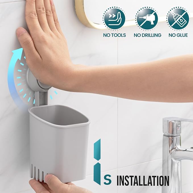 TAILI Suction Cup Toothbrush Holders for Bathroom Wall Mounted, Gray | Shower Toothbrush and Toothpaste Holder, Drill-Free 1S Installtion, Removable Powerful Suction Cup Organizer, Self-draining