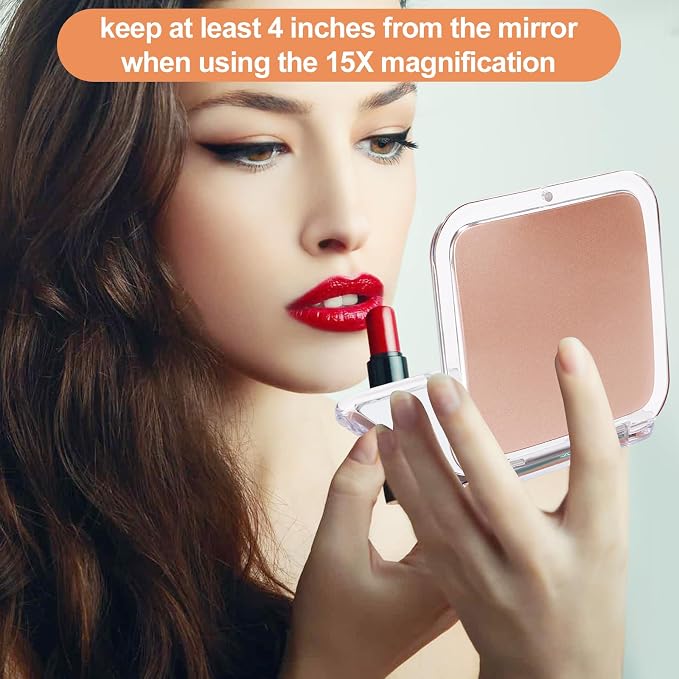 SANTOO Compact 15X Magnifying Makeup Mirror for Travel, Small Pocket Mirror-Handheld, Foldable & Portable 2-Sided with 15X Magnifying and 1X Mirror for Purses - Square 3.3 x 3.3 inch (Rose Gold)