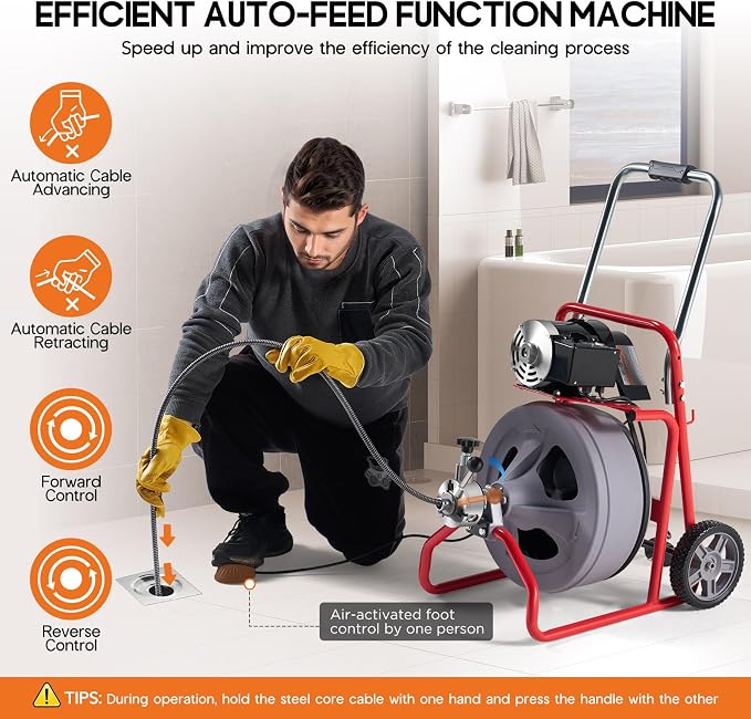 Albott 100 FT x 3/8 Inch Electric Drain Cleaner Machine | Auto-Feed Sewer Snake Auger for 1-4 Inch Pipes, with 9 Cutters, Wheels and Foot Switch, Gray/Red