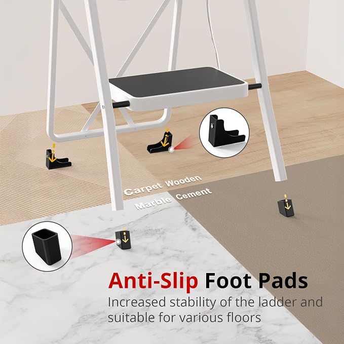 HBTower Step Ladder, Folding Step Stool for Adults | with Anti-Slip Pedal, 330 lbs Capacity for Kitchen, Home, White