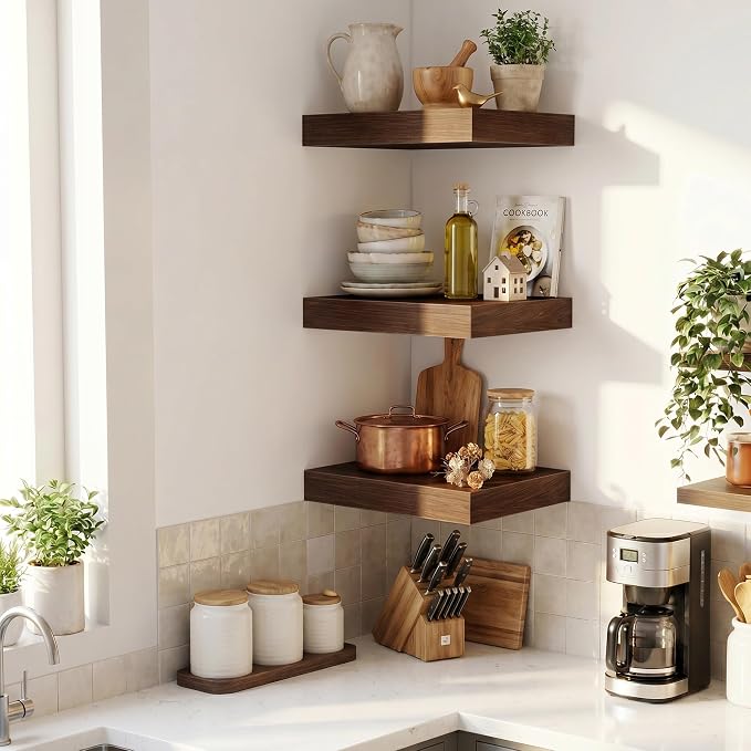 Fun Memories Wood Floating Shelves 20 Inch, 12 Inch Deep Shelves Wall Mount, Wall Shelves with Invisible Bracket, 20" Floating Shelves for Living Room Bathroom Bedroom, Walnut, Set of 2