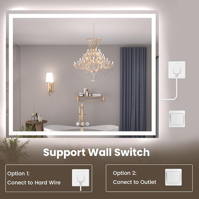 Snowdool 48 x 40 in LED Bathroom Mirror, Front and Backlit, Anti-Fog | Front and Backlit, 3 Color Temperatures, Anti-Fog, Tempered Glass