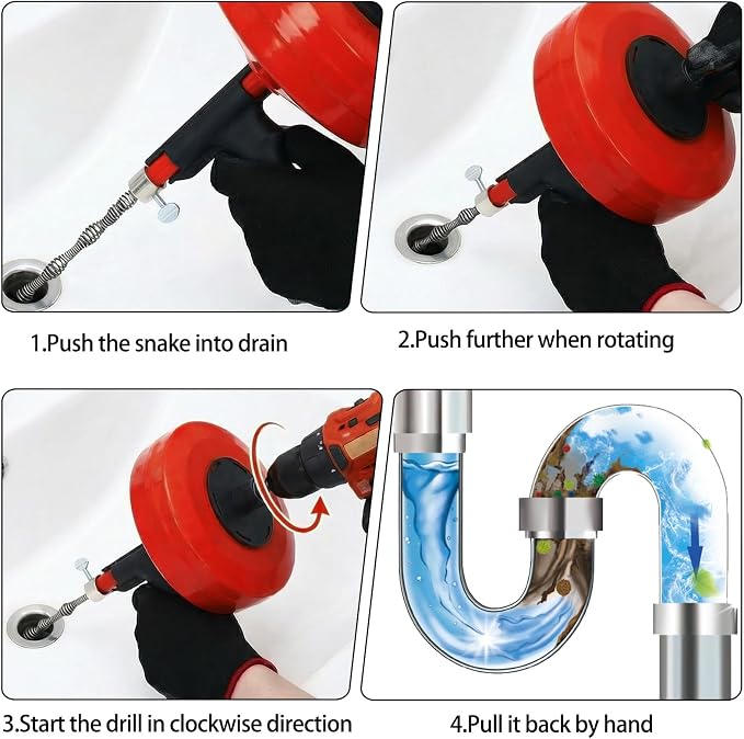 50 Ft Drain Auger,Use Manually or Drill Powered 50 Feet Drain Snake,Heavy Duty Flexible Plumbing Snake,With Gloves and Storage Bag for Kitchen Sink, Shower Drain (50FT, Red)