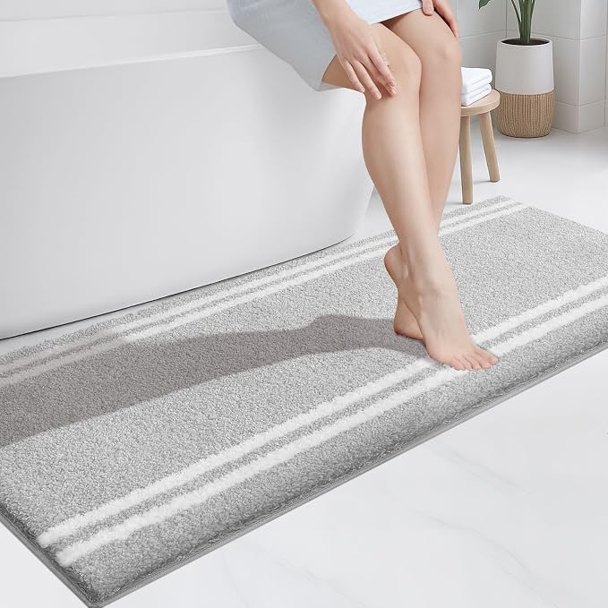PURRUGS Bathroom Runner Rug, Bath Mat, 24" x 60", Light Grey | Machine Washable, Non-Slip, Waterproof TPR Backing, Super Absorbent, Quick Dry, Bath Rug for Shower, Bathtub, and Sink