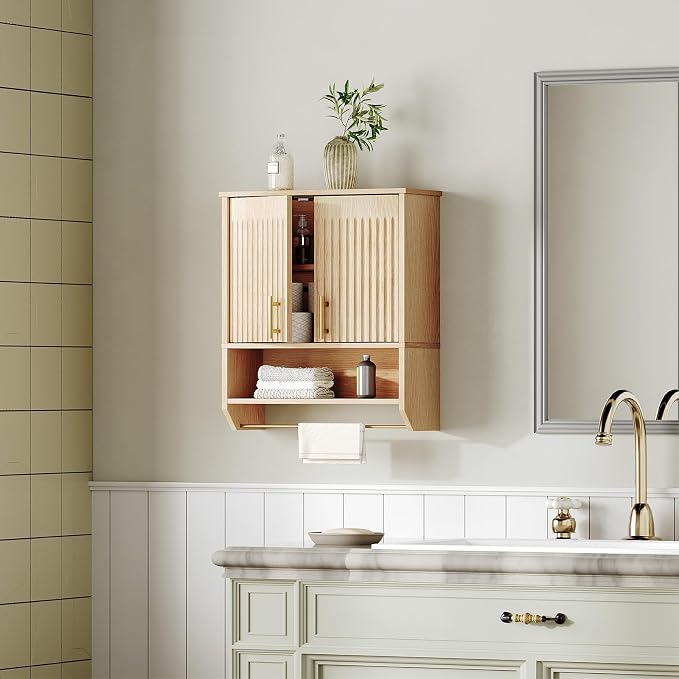 HOOBRO Narrow Bathroom Wall Cabinet with Towel Rack, Space Saving Medicine Cabinet for Small Spaces, Farmhouse Fluted Wall Storage Cabinet with Adjustable Shelf, Natural