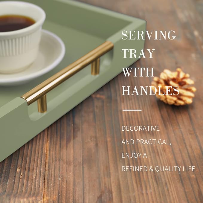 Wooden Decorative Coffee Table Tray, 16" Serving With Handles, Matte Finish, Ottoman for Living Room, Perfume, Vanity Dresser Organizer (Olive Green)