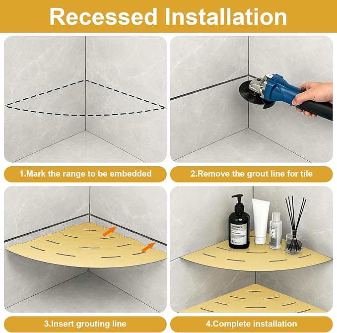 soaez Brushed Gold Corner Shower Shelf, SUS304 Stainless Steel Recessed Bathroom Shower Shelves, No Drilling Grout Mount Shelf for Shower, Bathroom Accessories (8", 2Pack)