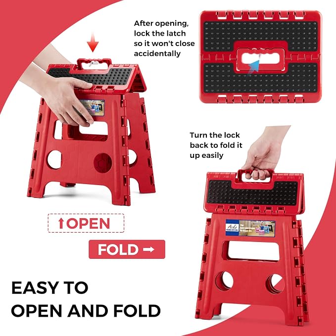 ACKO 13" Folding Step Stool, Non-Slip Surface for Adults & Kids, Dot Red | Collapsible Heavy Duty Foldable Stools, Portable Foot Stepping Stool Holds 300 lbs, Kitchen Bathroom Outdoor, with Handle
