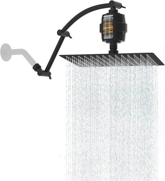 Hibbent 12'' Filtered Rain Shower Head with 16'' Extension Arm, Matte Black | High Pressure Rainfall Showerhead, Brass Adjustable Shower Head Extension Arm, 20 Stage Shower Filter, Fixed Showerheads
