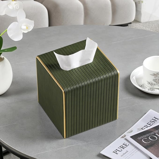Square PU Leather Tissue Box Cover with Magnetic Closure, Decorative Tissue Holder & Storage Container for Bedroom, Living Room, Dining Room, Bathroom, Countertop, Desk (Square Green)