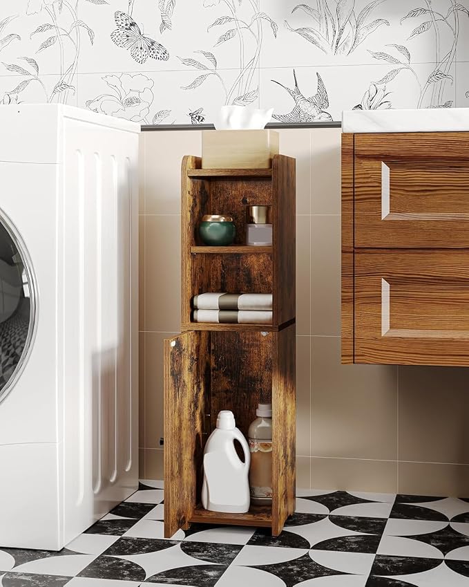 Hzuaneri Bathroom Storage Cabinet, Narrow Toilet Paper Cabinets with Doors | Small Corner Floor Cabinet with Doors and Adjustable Shelf, Bathroom Organizer for Small Spaces, Rustic Brown BC19701X