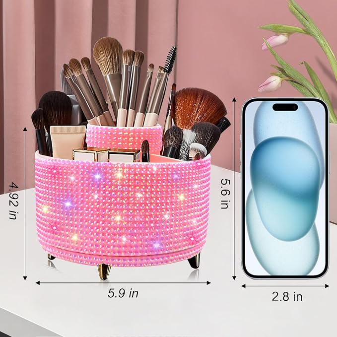 Bling Diamond 360° Makeup Brush Holder Organizer, Rotating Makeup Brush Organizer,5 Slot Make up Brushes Cup for Cosmetics, Vanity Desktop Organizer, Gift for Women Teen Girls- Diamond Pink