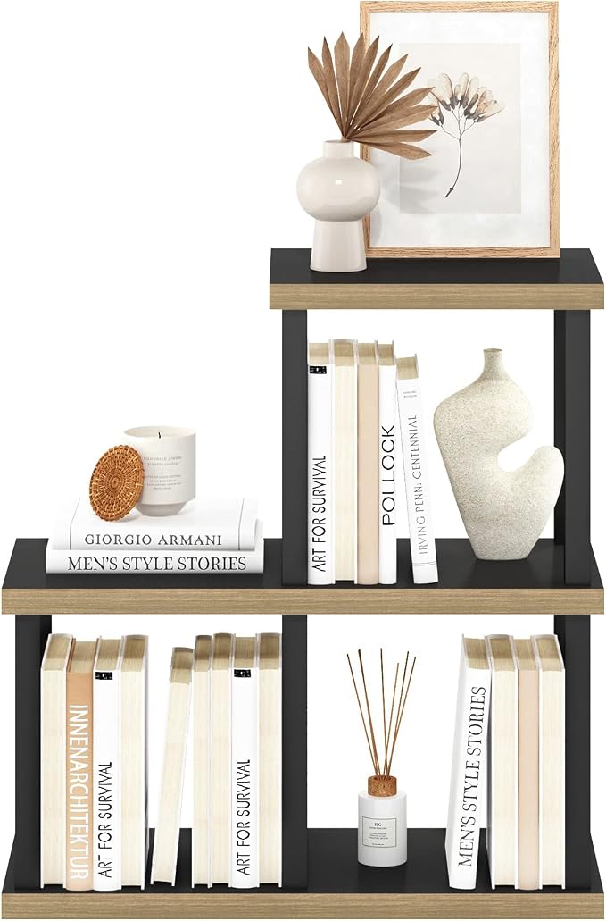 Furinno TURN-N-TUBE Ladder Storage Shelves, 3-Cube Book Shelf, Accent Display Shelf, Toolless Open Shelves, Square Tubes, for Organization and Storage, Living Room, Garage, Home Office, Dark Americano
