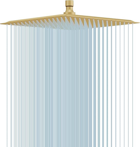 12 In Rain Shower Head High Pressure Rainfall Shower Head Brushed Gold | Square Rain Bathroom Showerhead, High Flow, Large Stainless Steel, Ceiling Mounted, Wall Mounted, Waterfall Full Body