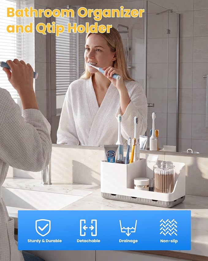 Toothbrush Holders for Bathroom with 1 Pack Qtip Holder, Detachable Bathroom Organizer and Storage Electric Toothbrush and Toothpaste Holder, Bathroom Decor Accessories for Countertop