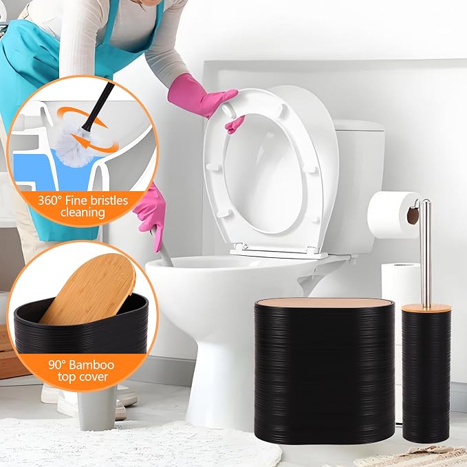 10 PCS Black Bathroom Accessories Set with Trash Can Bathroom Accessory | All-in-One Kit with Trash Can,Toothbrush Holder,Soap Dispenser,Toothbrush Cup,Vanity Tray,Soap Dish,Toilet Brush etc for Home