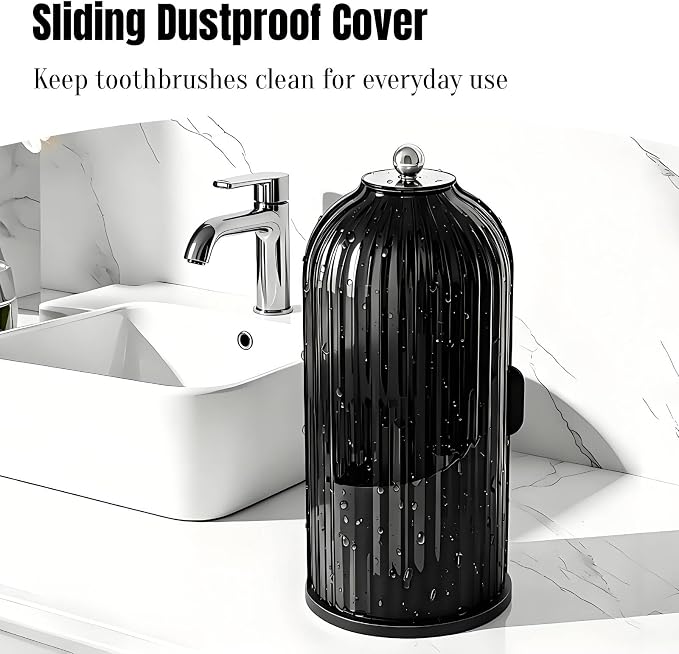 JEESA Dustproof Toothbrush Holder with Cover, All Black | 360° Rotating, 180° Sliding Lid, 3 Slots, Toothbrush Organizer, for Bathroom Countertop