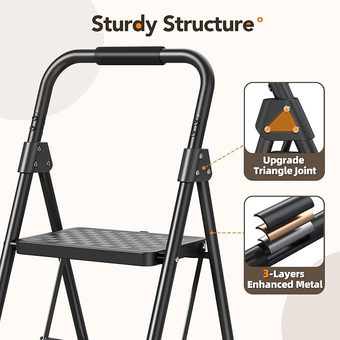 HBTower 3 Step Ladder, Heavy Duty Step Stools for Adults | Step Stool Foldable with Anti-Slip Pedal and Feet, Ladders for Home Kitchen Garage Outdoor, 330 Lbs, Black