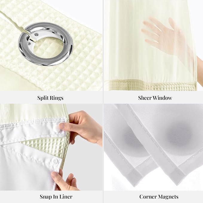 River Dream Cream Cotton Blend Fabric Shower Curtain Set with Liner, 71x74 | Waffle Weave, No Hook Needed, with Snap in Replacement Liner, Top Sheer Window, Hotel Quality Fabric for Bathroom