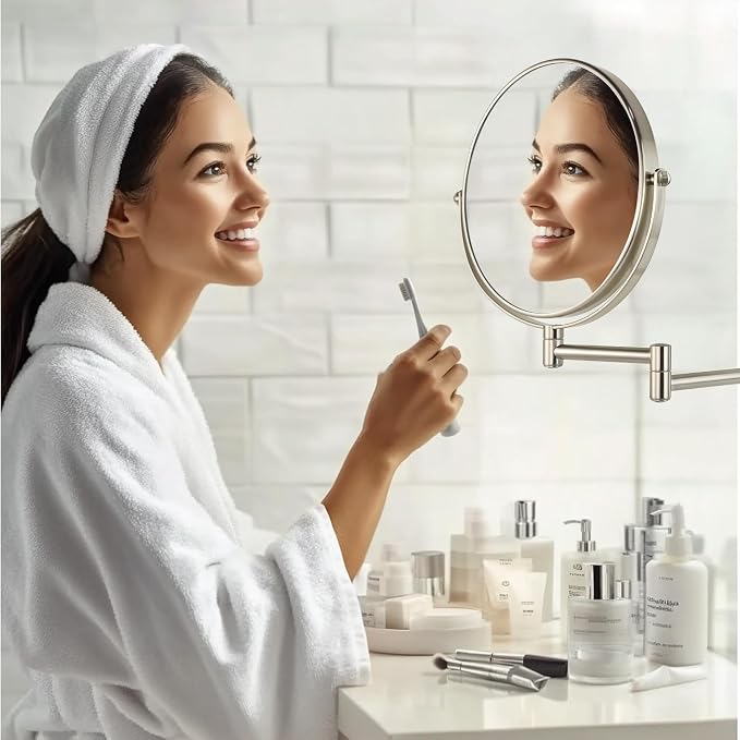 JANEEVA 8" Wall Mounted Makeup Mirror, 1X/10X Magnifying Mirror with 360° Extendable Arm, Double Sided Bathroom Vanity Mirror for Man & Woman (Brushed Nickel)