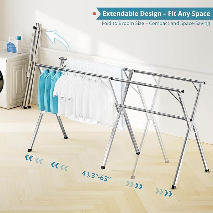 63 Inches Clothes Drying Rack, Drying Rack Clothing Folding Indoor Outdoor, Heavy Duty Stainless Steel Laundry Rack, Foldable Portable Large Clothes Rack Garment Rack with 20 Windproof Hooks