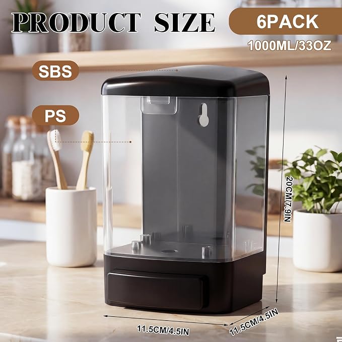 Hushee 6 Pcs Plastic Wall Mounted Soap Dispenser Commercial Manual Soap Containers Wall Dispenser for Kitchen Shower Hotel Liquid Shampoo Gel Chamber (33.8 oz 1000 ml,Black and Clear)