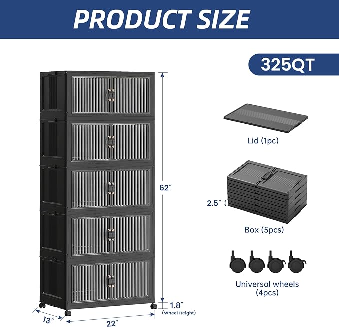 SAILUN 325Qt Stackable Storage Bins,Storage Cabinet with a Lid,5 Pack Black | Stackable Storage Drawers with Lids,22" W x 13" D x 62" H,Featuring open-front Access for Clothes and Closet Storage