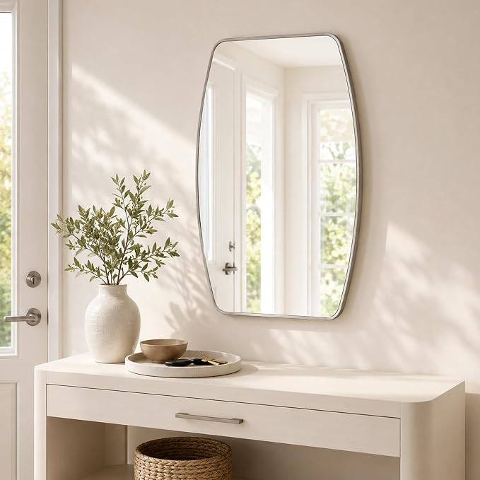 Brushed Nickel Curved Rectangle Bathroom Mirror, 24x36 Inch | Aluminum alloy frame, tempered glass, two-way keyhole mount, for bedroom, dresser, hallway