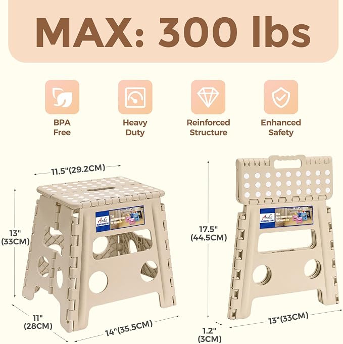 ACKO 13 Inch Folding Step Stool, Non-Slip Surface for Adults & Kids, Khaki | Collapsible Heavy Duty Foldable Stools, Portable Foot Stepping Stool Holds 300 lbs, Kitchen Bathroom Outdoor, with Handle