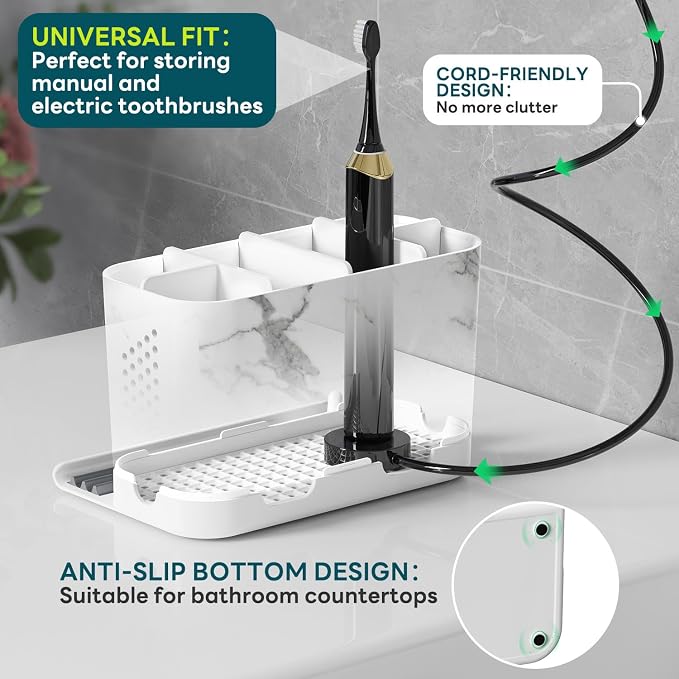 Toothbrush Holders, Toothbrush Caddy with Front Ledge and Cord Slots, Detachable Tooth Brush Holder for Bathroom Countertop, Shower, Vanity, Large Capacity 6 Slots Marble Bathroom Accessories