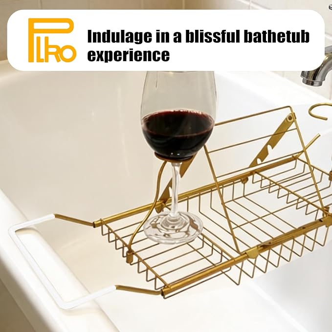 Bathtub Caddy Tray, Expandable Bath Tub Table with Removable Book Holder Red Wine Rack Holder, for Home Kitchen Bathroom,Gold