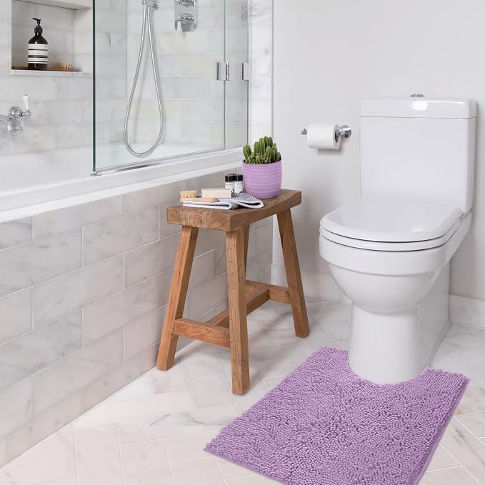 LuxUrux U-Shaped Toilet Bath Mat – Super Absorbent & Non-Slip Contoured Rug for Around Toilet, Soft Chenille, Machine Washable (20” x 23”, Lavender)